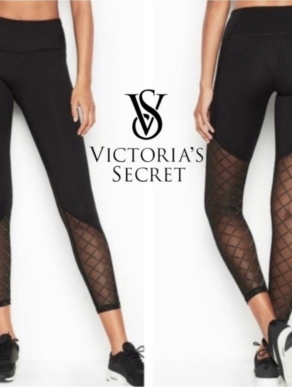 Victoria’s Sport Knockout Leggings Sm Black with gold/black mesh diamond panels